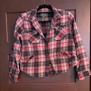 Vintage Woolrich Women's Petite Red and Gray Flannel Plaid Utility Shirt Jacket